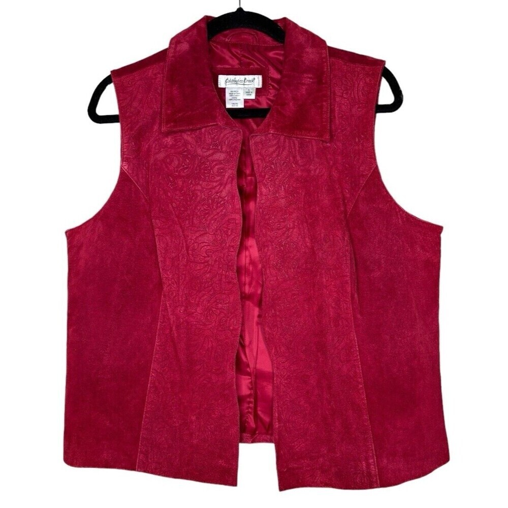 Coldwater Creek Womens Sz L Red 100% Leather Suede Laser Cut Open Front Vest